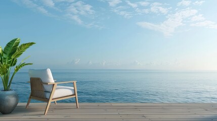 Poster - Relaxing Chair on a Wooden Deck Overlooking the Ocean