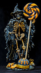 Skeleton dressed as a witch holding a large striped lollipop, surrounded by pumpkins and a 'happy halloween' sign, set against a dark background.