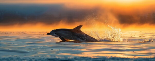 Wall Mural - Bottlenose dolphin jumping out of coastal waters at golden hour