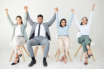 Poster - Portrait, business people and holding hands for celebration, winning and teamwork on gray background. Face, group and employees with gesture, excited and success with victory, support and achievement