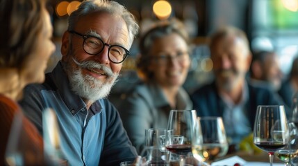 Fototapete - Wine Tasting Class: Middle-aged friends enjoying a wine tasting class, discussing flavors and taking notes, with ample copy space on the left for text or information