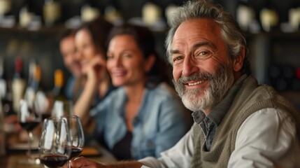 Fototapete - Wine Tasting Class: Middle-aged friends enjoying a wine tasting class, discussing flavors and taking notes, with ample copy space on the left for text or information