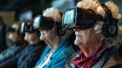 Fototapete - VR Headsets Workshop: Seniors using VR headsets in a technology workshop, exploring virtual environments with fascination, with ample copy space at the top for text or graphics
