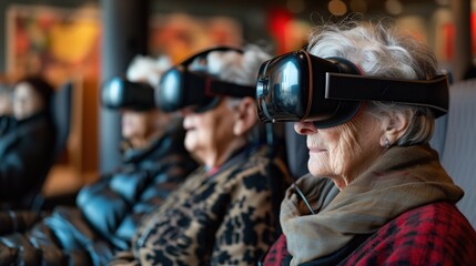 Fototapete - VR Headsets Workshop: Seniors using VR headsets in a technology workshop, exploring virtual environments with fascination, with ample copy space at the top for text or graphics