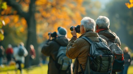 Fototapete - Digital Camera Class: A group of seniors learning to use digital cameras, taking photos of nature in a park, with ample copy space at the top for text or branding