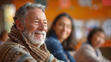 Fototapete - Language Class for Adults: Adults attending a language class, practicing conversation with each other, with ample copy space on the right for text or information