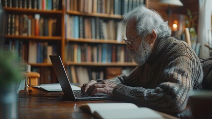 Fototapete - Online Class for Seniors: A senior taking an online class at home, focused on their laptop with a notebook beside them, with ample copy space on the left for text or graphics