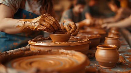 Fototapete - Pottery Class Participation: Adults participating in a pottery class, shaping clay on pottery wheels, with ample copy space at the top for text or information