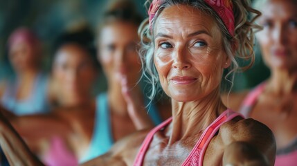 Fototapete - Fitness Class for Friends: A group of middle-aged friends taking a fitness class, engaging in aerobic exercises, with ample copy space at the top for text or branding