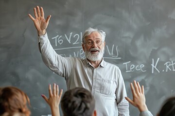 Poster - Simple minimal illustrate style of Explaining Lesson on Whiteboard: An experienced educator explaining an engaging lesson on a whiteboard, students raising hands eagerly, ample copy space on a clear