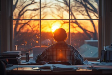 Poster - Simple minimal illustrate style of Grading Papers in Classroom: A diligent teacher grading papers at a desk in a quiet classroom, sun setting outside the window, ample copy space on a clear white