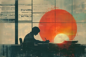 Poster - Simple minimal illustrate style of Grading Papers in Classroom: A diligent teacher grading papers at a desk in a quiet classroom, sun setting outside the window, ample copy space on a clear white