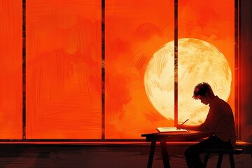 Poster - Simple minimal illustrate style of Grading Papers in Classroom: A diligent teacher grading papers at a desk in a quiet classroom, sun setting outside the window, ample copy space on a clear white
