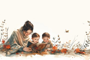 Poster - Simple minimal illustrate style of Reading Bedtime Story: A teacher reading a bedtime story to their own children at home, cozy evening setting, ample copy space on a clear white background