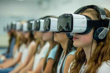 Poster - Simple minimal illustrate style of Using VR Headsets in Class: A group of students using VR headsets in a classroom, experiencing a virtual field trip, ample copy space on a clear white background