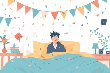 Poster - Simple minimal illustrate style of Celebrating Bed Party: High school graduates celebrating with a bed party, room decorated with college banners and confetti, ample copy space on a clear white