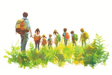 Poster - Simple minimal illustrate style of School Field Trip in Nature: A group of students on a school field trip, exploring nature with a teacher guiding them, ample copy space on a clear white background