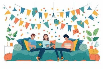 Poster - Simple minimal illustrate style of Celebrating Bed Party: High school graduates celebrating with a bed party, room decorated with college banners and confetti, ample copy space on a clear white