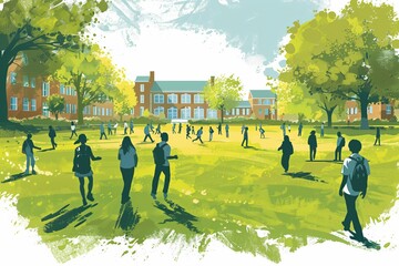 Poster - Simple minimal illustrate style of Ice-Breaker Activities on Campus: First-year college students participating in ice-breaker activities on campus, large lawn and buildings in the background, ample