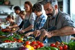 © Benjawan - Simple minimal illustrate style of Cooking Class with Friends: A group of middle-aged friends taking a cooking class, chopping vegetables and preparing a meal together, ample copy space on a clear