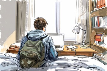 Poster - Simple minimal illustrate style of Studying in Dorm Room: A college student studying in a cozy dorm room, surrounded by books and a laptop, ample copy space on a clear white background