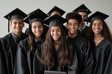 Poster - Simple minimal illustrate style of Graduation Photo Session: High school graduates posing for photos in their caps and gowns, proud smiles and diplomas in hand, ample copy space on a clear white