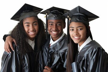 Poster - Simple minimal illustrate style of Graduation Photo Session: High school graduates posing for photos in their caps and gowns, proud smiles and diplomas in hand, ample copy space on a clear white