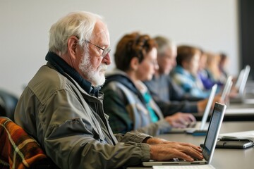 Poster - Simple minimal illustrate style of Technology Class for Seniors: Seniors in a technology class, learning how to use laptops and tablets with the instructor's guidance, ample copy space on a clear