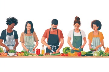 Poster - Simple minimal illustrate style of Cooking Class with Friends: A group of middle-aged friends taking a cooking class, chopping vegetables and preparing a meal together, ample copy space on a clear