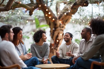 Poster - Simple minimal illustrate style of Language Class for Adults: Adults attending a language class, practicing conversation with each other, ample copy space on a clear white background