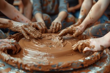 Poster - Simple minimal illustrate style of Pottery Class Participation: Adults participating in a pottery class, shaping clay on pottery wheels, ample copy space on a clear white background