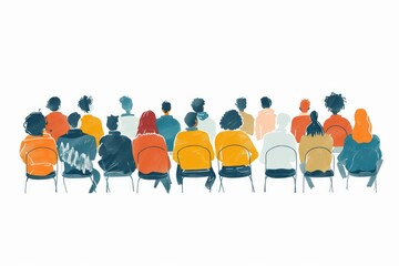 Poster - Simple minimal illustrate style of History Lecture at Community Center: Adults attending a history lecture at a community center, listening and taking notes, ample copy space on a clear white