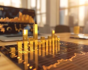 Growing financial graph, bar chart on business table, office background blur, golden color, digital illustration,