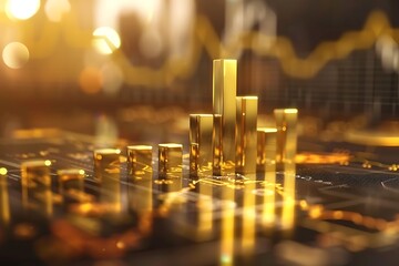 Growing financial graph and bar chart on business table, office background blur, golden tone, digital illustration,