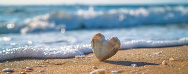 Wall Mural - A small shell is sitting on the sand near the water.