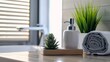 © SayLi - neatly arranged bathroom counter with soap dispenser, towel, small plant, plenty of blank copy space. cozy modern interior design. wallpaper background for ads, web design, sites