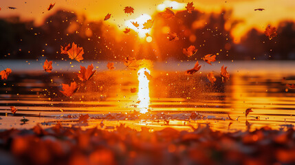 Wall Mural - Autumn Leaves Dance at Sunset Over Tranquil Lake..