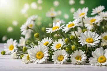 Wall Mural - Close-up bouquet of white daisies with yellow centers arranged on white wooden table