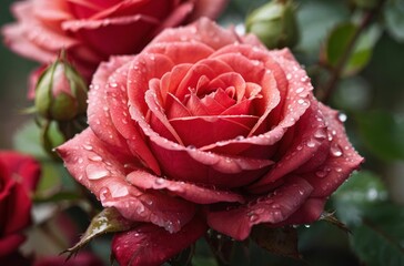 Close-up of single red rose in full bloom with dew drops on petals