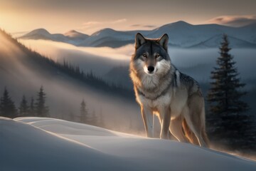 Sticker - A lone wolf standing on top of a snowy hill in the mountains, AI