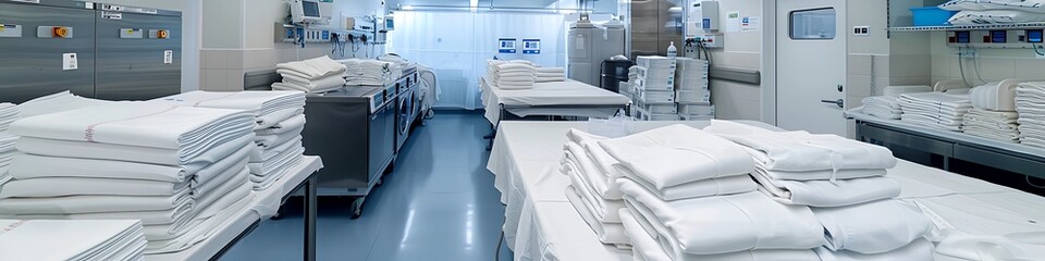 Spotless hospital laundry room, with clean linens neatly stacked and organized, showcasing efficient cleanliness.