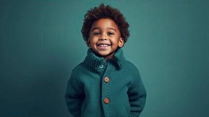 Wall Mural - cheerful young young child in clothes, simple teal background