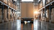 © TENTIP - A truck in a warehouse filled with shelves of boxes, showcasing logistics, storage, and distribution concepts with a warm sunlight glow.