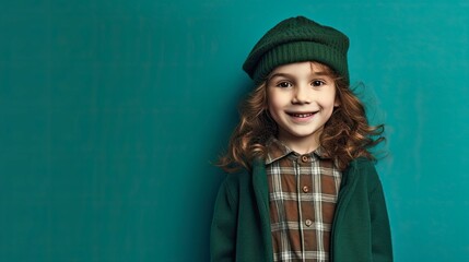 Wall Mural - cheerful young young child in clothes, simple teal background