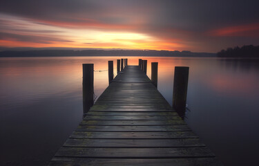 Wall Mural - Wooden pier on calm lake at sunset