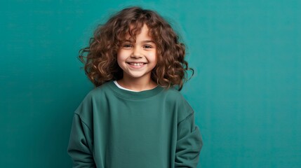 Wall Mural - cheerful young young child in clothes, simple teal background