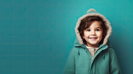 Wall Mural - cheerful young young child in clothes, simple teal background