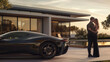 © Maksym - Man and woman embraced, with a luxurious house and a sleek black sports car in the background.