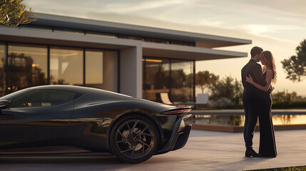 man and woman embraced, with a luxurious house and a sleek black sports car in the background.