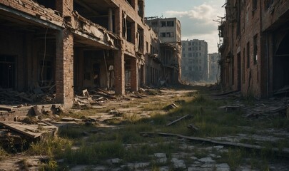 Canvas Print - Crumbling urban buildings with exposed bricks and debris.